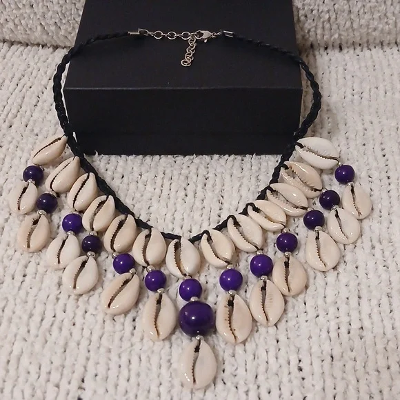 Cowrie Shell and Purple Bead Statement 3-piece Set - Picture 2 of 4